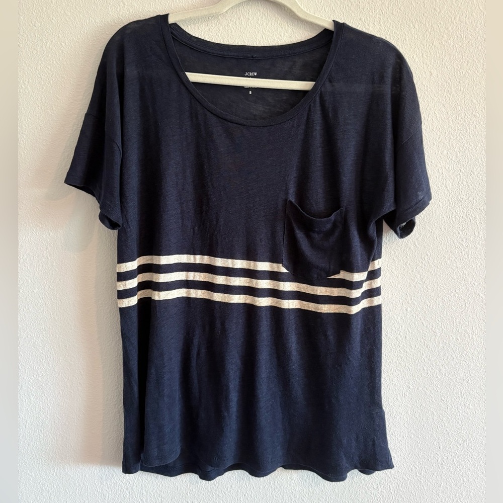 J. Crew 100% Linen T-Shirt Round-Neck Short Sleeve Tee Women’s Small Navy Stripe